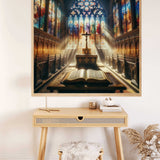 Painting of a Gothic sanctuary with stained glass windows and an illuminated altar, part of the Paint by Numbers 