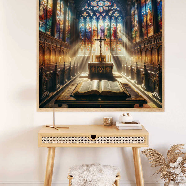 Painting of a Gothic sanctuary with stained glass windows and an illuminated altar, part of the Paint by Numbers "Illumination in the Sanctuary" set