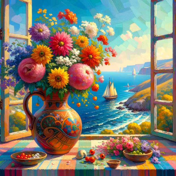 Paint by Numbers kit featuring a Mediterranean window view with a colorful jar of flowers, pastel tones, and sailboats on an azure horizon.