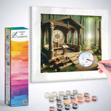 Paint by Numbers kit featuring Secrets of the Forest Sanctuary with pastel colors, detailed wooden structure, and stained glass window.