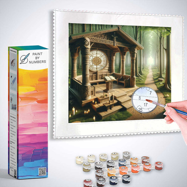 Paint by Numbers kit featuring Secrets of the Forest Sanctuary with pastel colors, detailed wooden structure, and stained glass window.