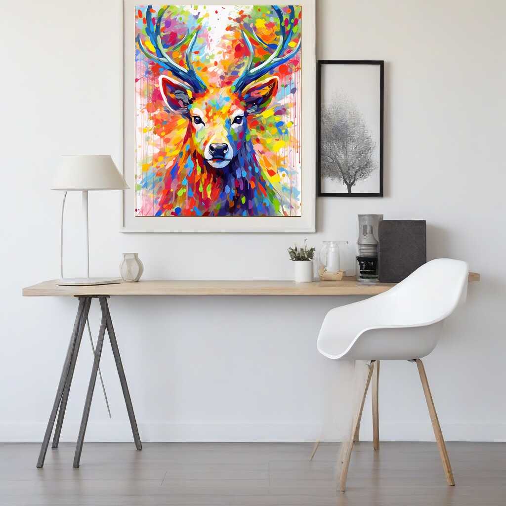 Paint by Numbers - Colorful Forest artwork of a vibrant deer on a wall in a modern, minimalist room with a desk and white chair.