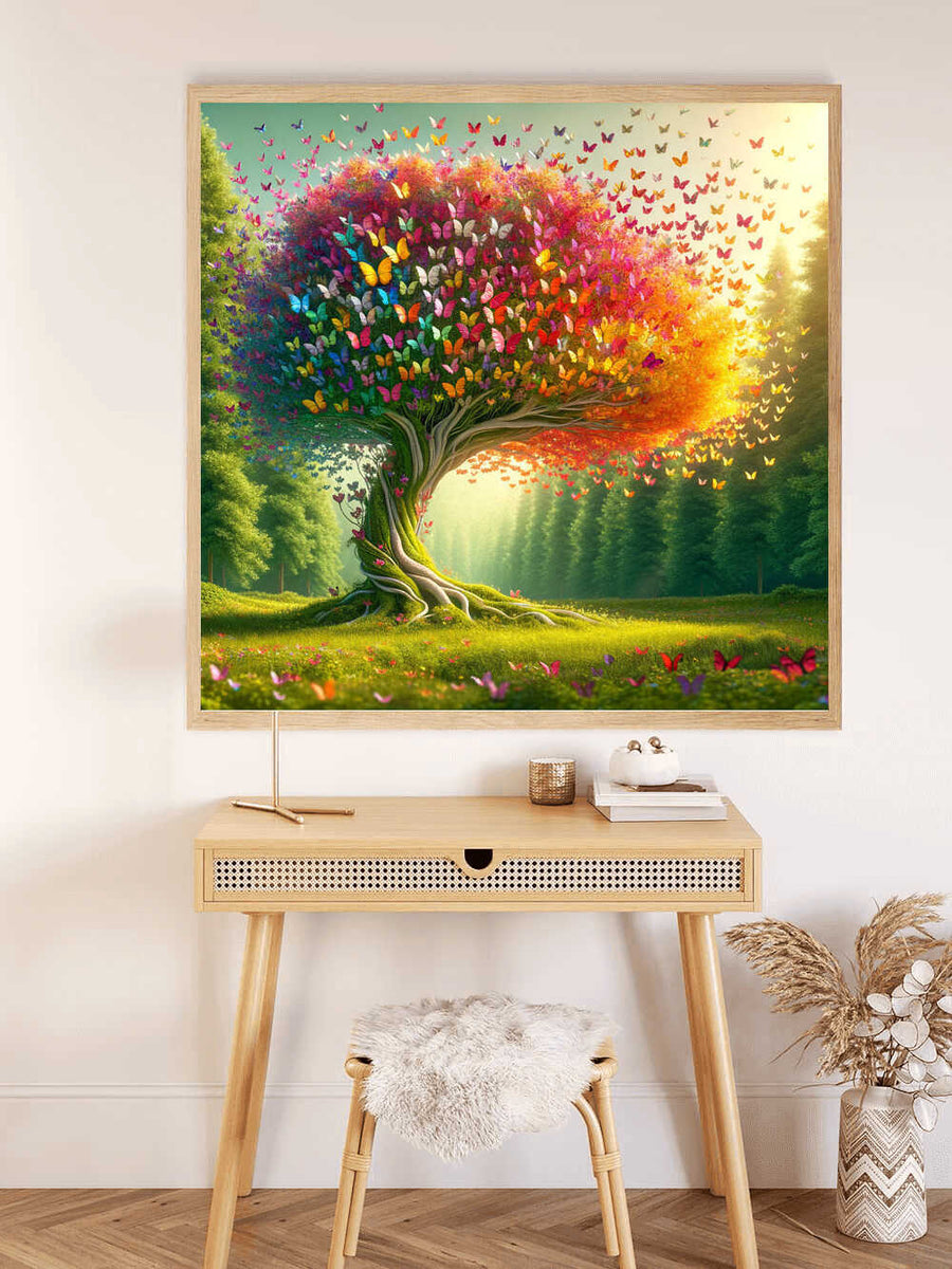Paint by Numbers Butterfly Tree of Love artwork on wall, featuring a vibrant tree with butterflies in reds, oranges, and purples in a serene forest.