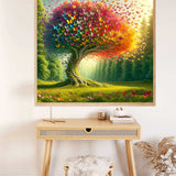 Paint by Numbers Butterfly Tree of Love artwork on wall, featuring a vibrant tree with butterflies in reds, oranges, and purples in a serene forest.