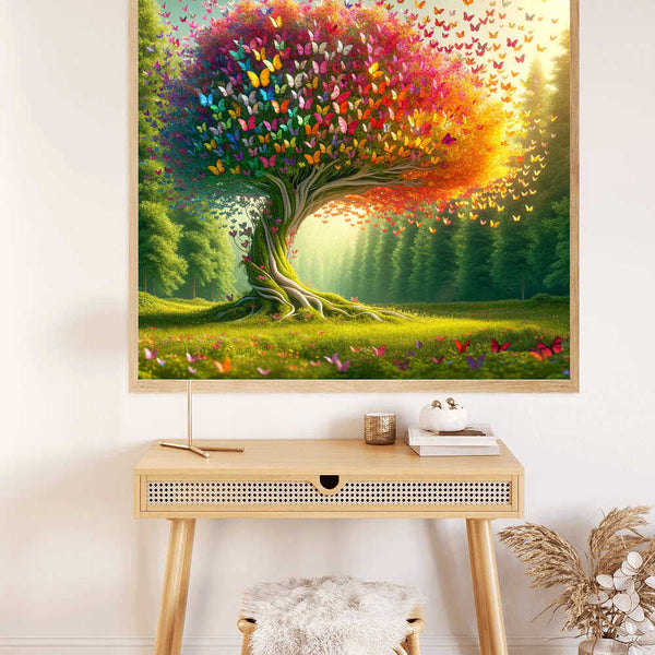 Paint by Numbers Butterfly Tree of Love artwork on wall, featuring a vibrant tree with butterflies in reds, oranges, and purples in a serene forest.