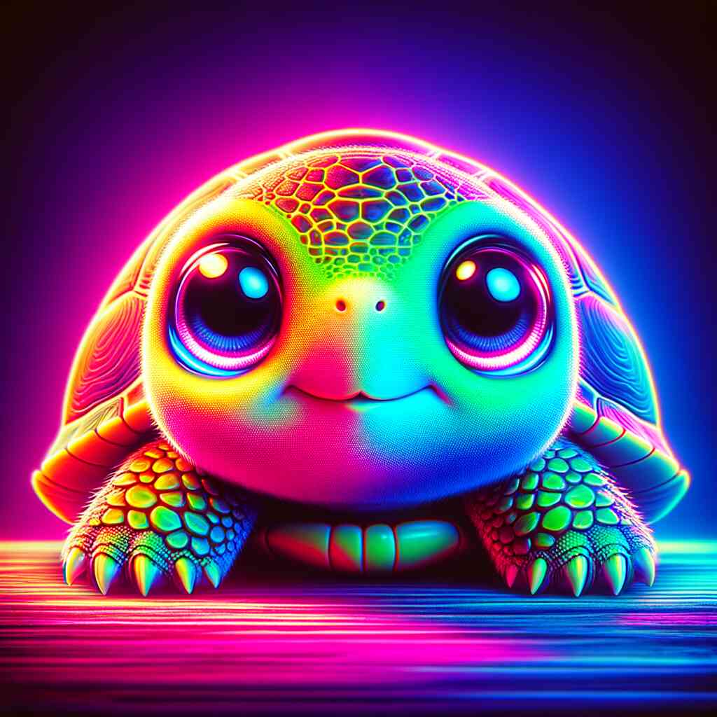 Bright neon turtle with big, innocent eyes; vibrant shell illuminated in radiant colors, representing a surreal fantasy scene in Paint by Numbers.