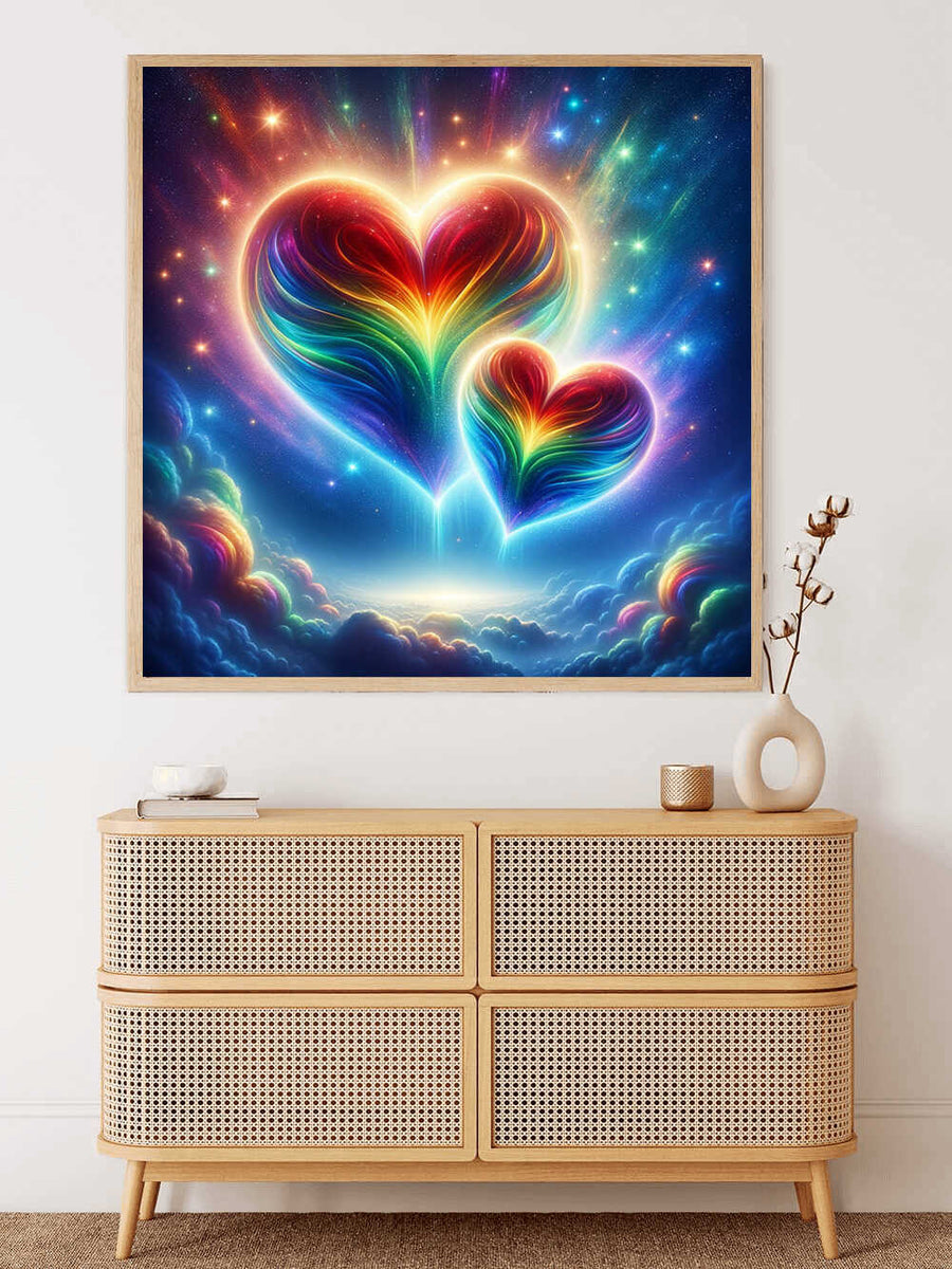 Paint by Numbers - Cosmic Heart Melody artwork featuring two radiant rainbow hearts floating in a cosmic space with stars and clouds.
