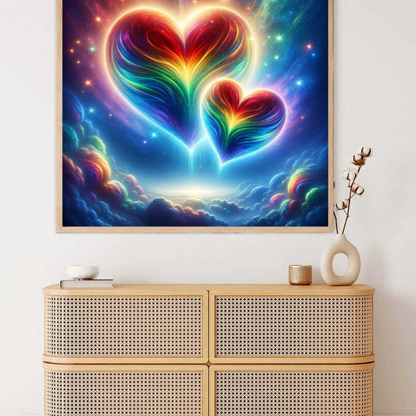 Paint by Numbers - Cosmic Heart Melody artwork featuring two radiant rainbow hearts floating in a cosmic space with stars and clouds.