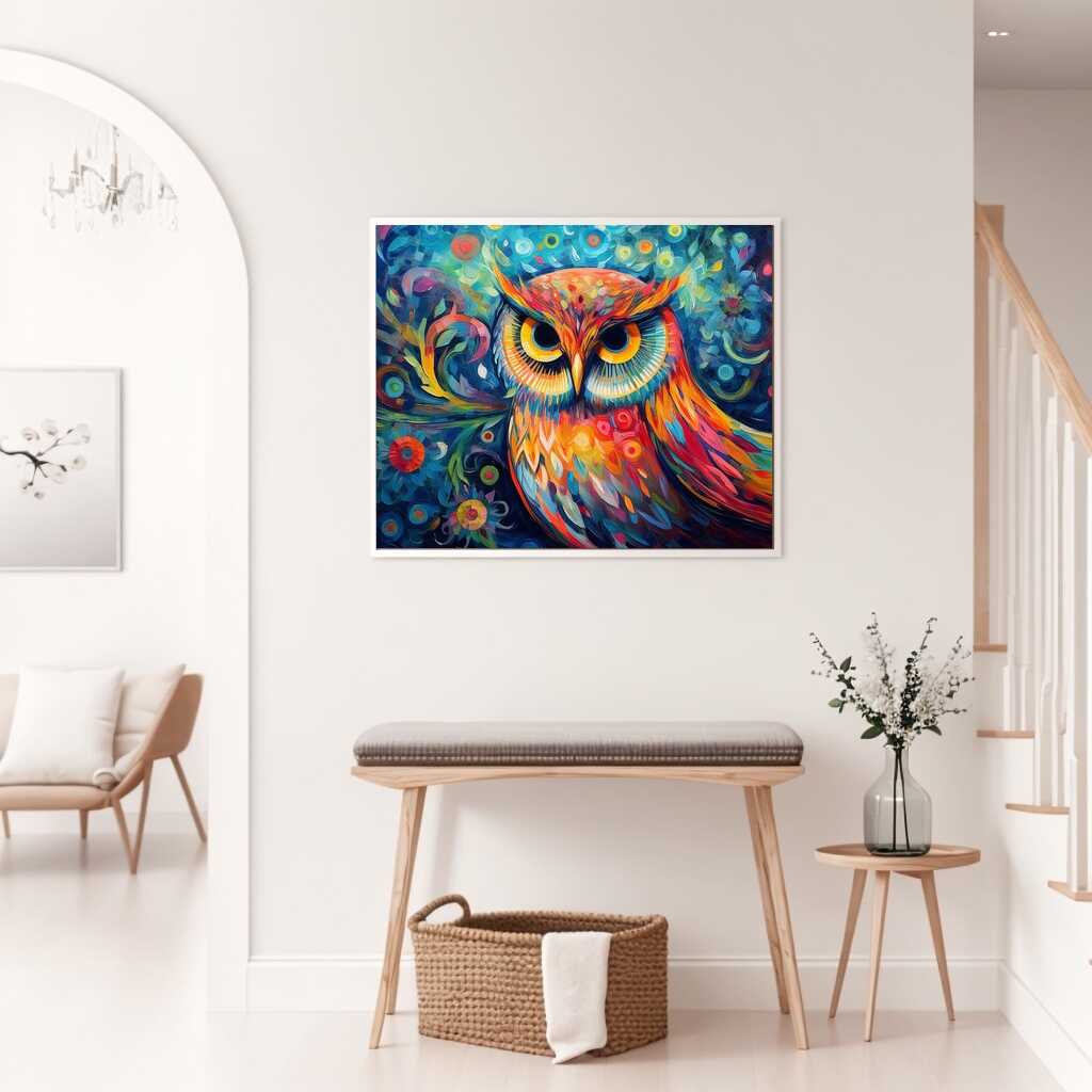 Paint by Numbers - Colorful Wisdom artwork of an owl with vibrant colors in a modern living room setting