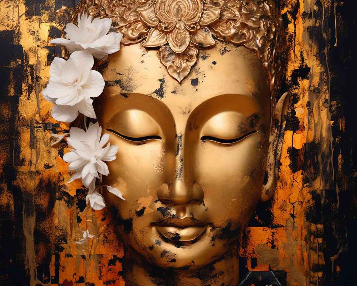 Enlightenment in vibrant colors - Paint by Numbers kit featuring a serene Buddha face amidst a dynamic backdrop of black, gold, and orange.