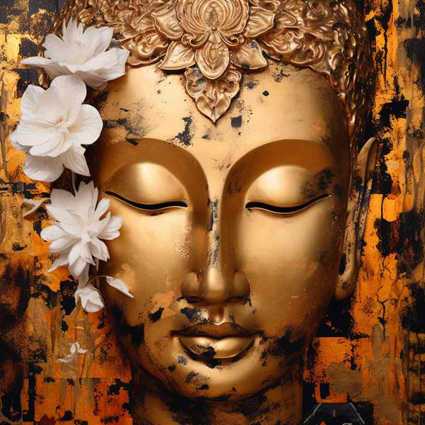 Enlightenment in vibrant colors - Paint by Numbers kit featuring a serene Buddha face amidst a dynamic backdrop of black, gold, and orange.