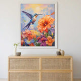 Paint by Numbers - Hummingbird hovering over vibrant flowers with a colorful sky in the background, combining nature's elegance and impressionist style.