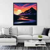 Paint by Numbers - Awakening of the Wild artwork of sunrise over mountains and river displayed in modern living room