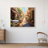 Paint by Numbers - Sunlit Mediterranean idyll, restaurant scene with blooming flowers and terracotta facades.