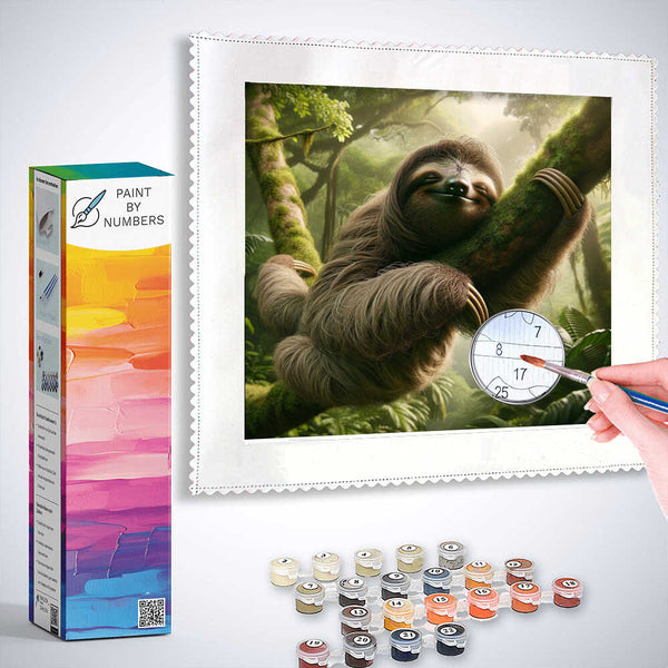 Paint by Numbers kit featuring smiling sloth resting on moss-covered branches in a lush green forest.
