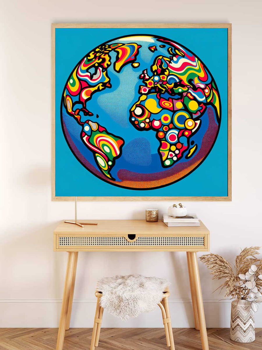 Paint by Numbers - Colorful Cosmos artwork depicting a vibrant, abstract world map with diverse, colorful patterns on a blue background