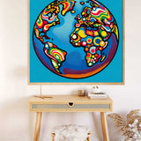 Paint by Numbers - Colorful Cosmos artwork depicting a vibrant, abstract world map with diverse, colorful patterns on a blue background