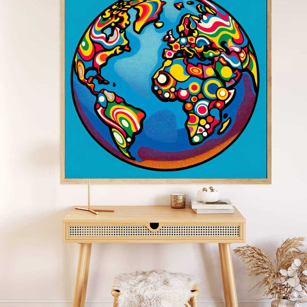Paint by Numbers - Colorful Cosmos artwork depicting a vibrant, abstract world map with diverse, colorful patterns on a blue background