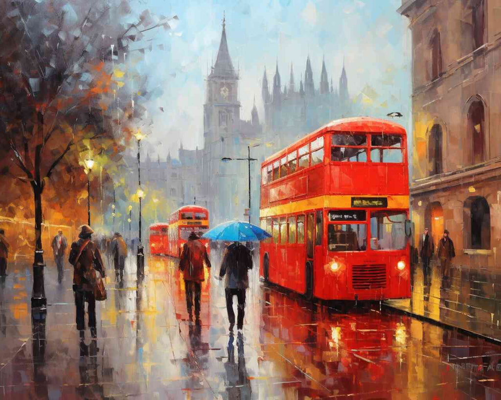 Paint by Numbers - Raindrops in London depicting red double-decker buses, wet pavements, street lamps, and people with colourful umbrellas.