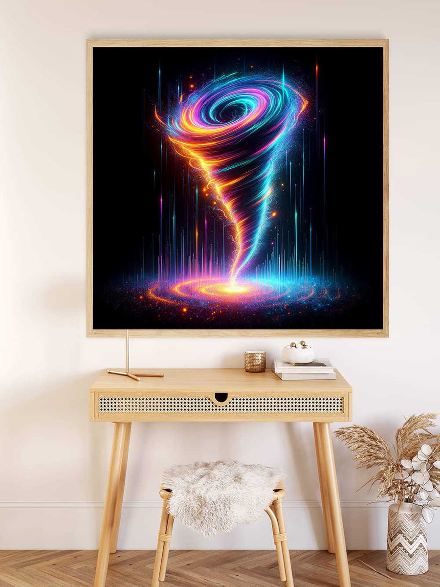Paint by Numbers - Cosmic Dance of Colors displaying vibrant swirls of blue, purple, and orange creating a dynamic, abstract spiral on a dark background.