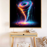 Paint by Numbers - Cosmic Dance of Colors displaying vibrant swirls of blue, purple, and orange creating a dynamic, abstract spiral on a dark background.