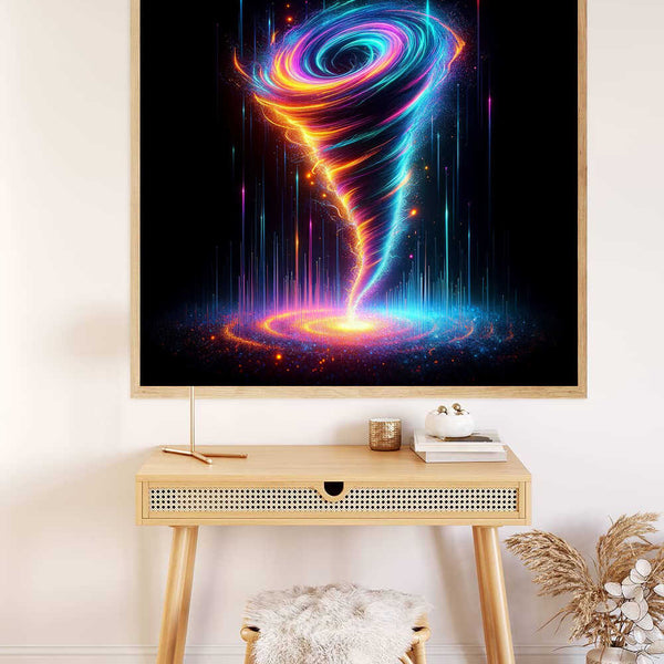 Paint by Numbers - Cosmic Dance of Colors displaying vibrant swirls of blue, purple, and orange creating a dynamic, abstract spiral on a dark background.