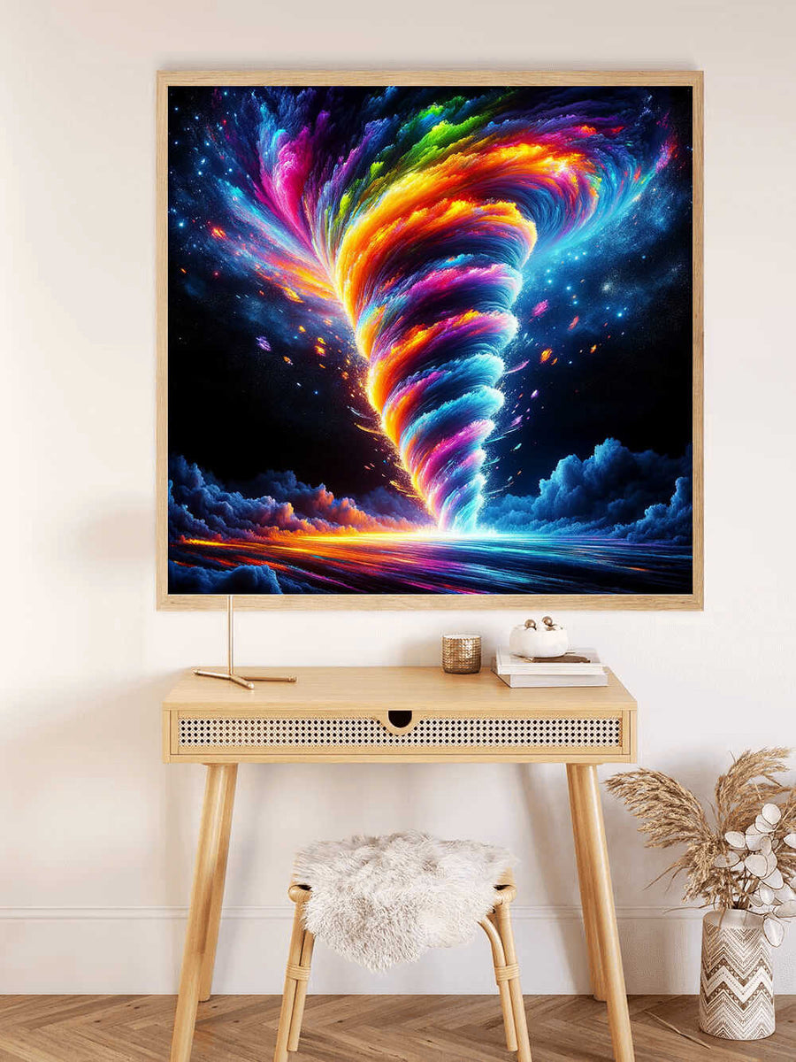 Paint by Numbers - Cosmic Euphoria artwork displaying radiant colors swirling from clouds into the night sky, creating a mesmerizing spectacle.
