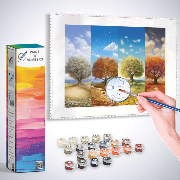 Paint by Numbers set featuring a vibrant panorama of the four seasons with detailed landscapes and color-coded paint pots.