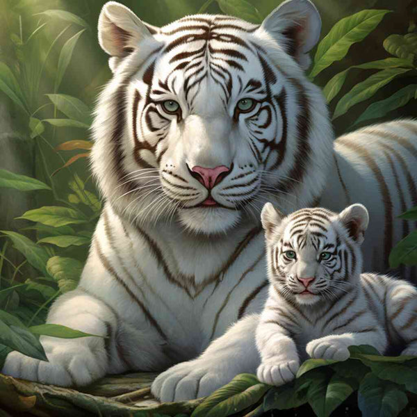Paint by Numbers - Secrets of the Jungle, white tiger and cub in lush greenery basking in soft diffused light.