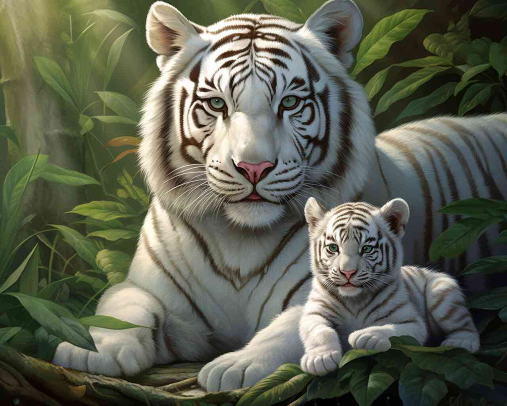 Paint by Numbers - Secrets of the Jungle, white tiger and cub in lush greenery basking in soft diffused light.