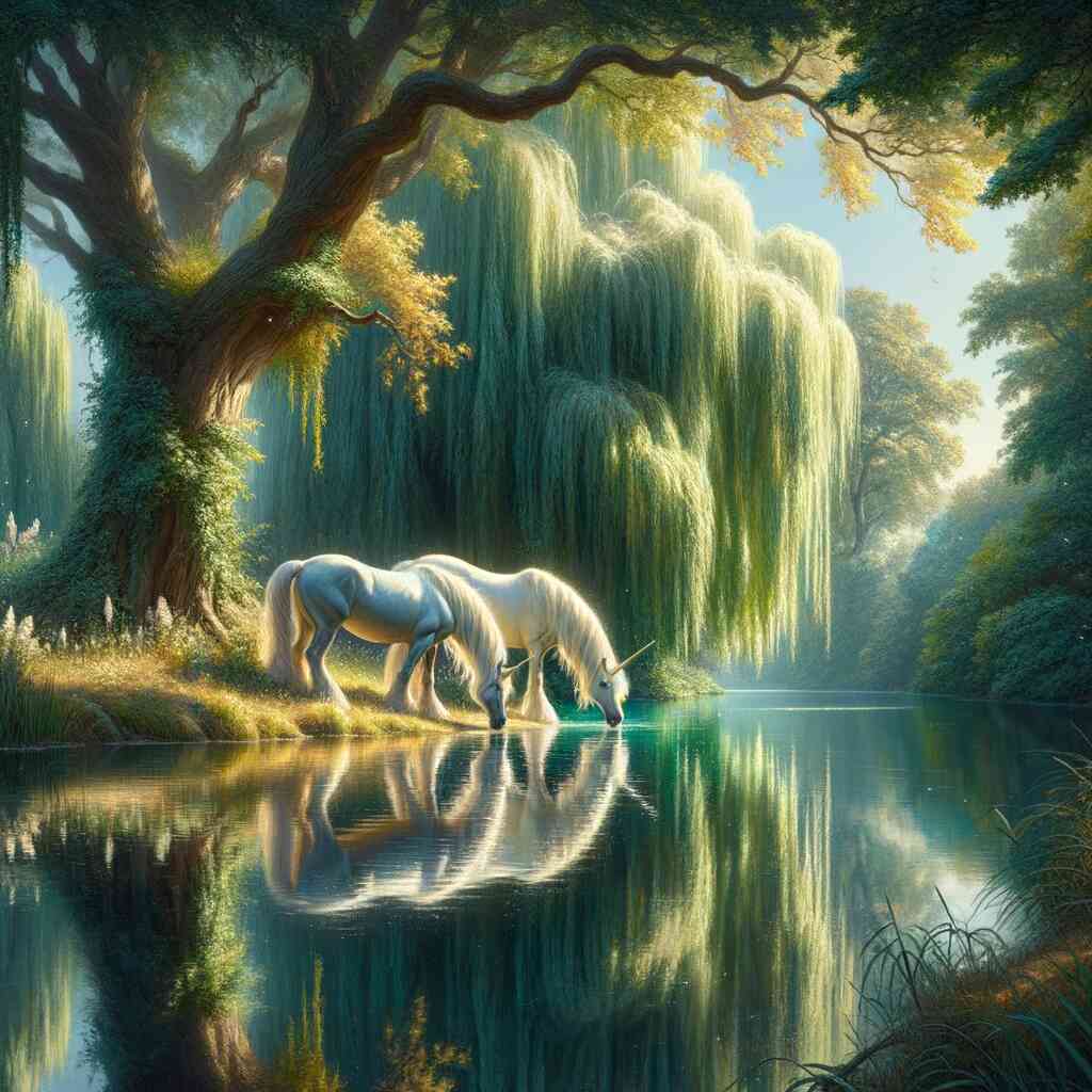 Paint by Numbers - Mysterious Glade with unicorns drinking by a serene lake, sunlit foliage and soft greens reflecting in water