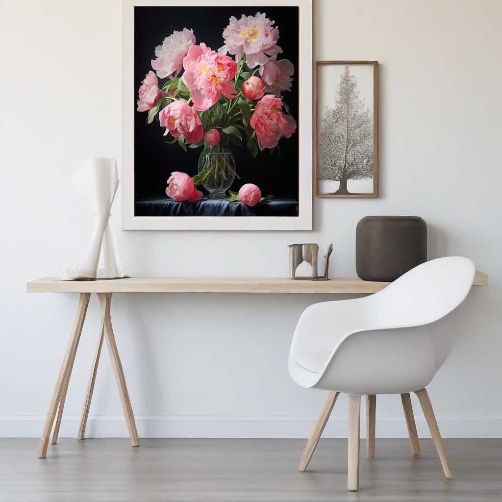 Paint by Numbers - Flower magic in midnight painting of pink peonies in glass vase, adding elegance and depth to a modern minimalist room