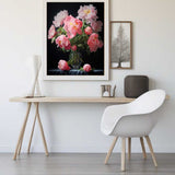 Paint by Numbers - Flower magic in midnight painting of pink peonies in glass vase, adding elegance and depth to a modern minimalist room