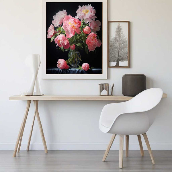 Paint by Numbers - Flower magic in midnight painting of pink peonies in glass vase, adding elegance and depth to a modern minimalist room