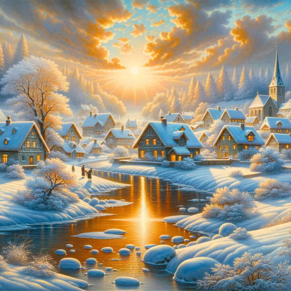 Sunrise, snow village - Paint by Numbers