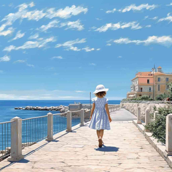 Girl in blue dress and white hat walking on sunlit path by a Mediterranean house with blue sea and clouds in the background - Paint by Numbers