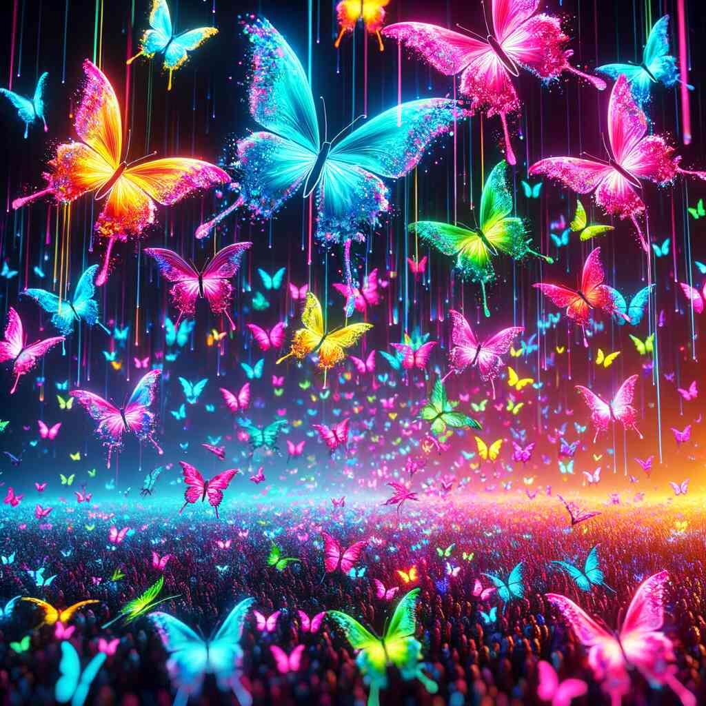 Paint by Numbers - Glowing Butterfly Dance with vibrant rainbow colors and magical lights, creating a high-contrast, dreamlike scene.