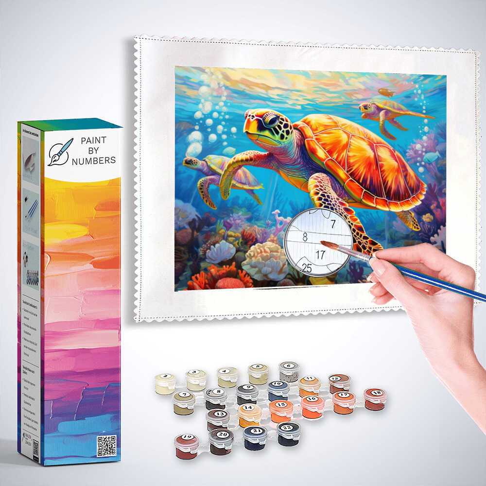 Paint by Numbers kit featuring a vibrant sea turtle swimming in colorful coral, complete with paints and a canvas for DIY artwork.