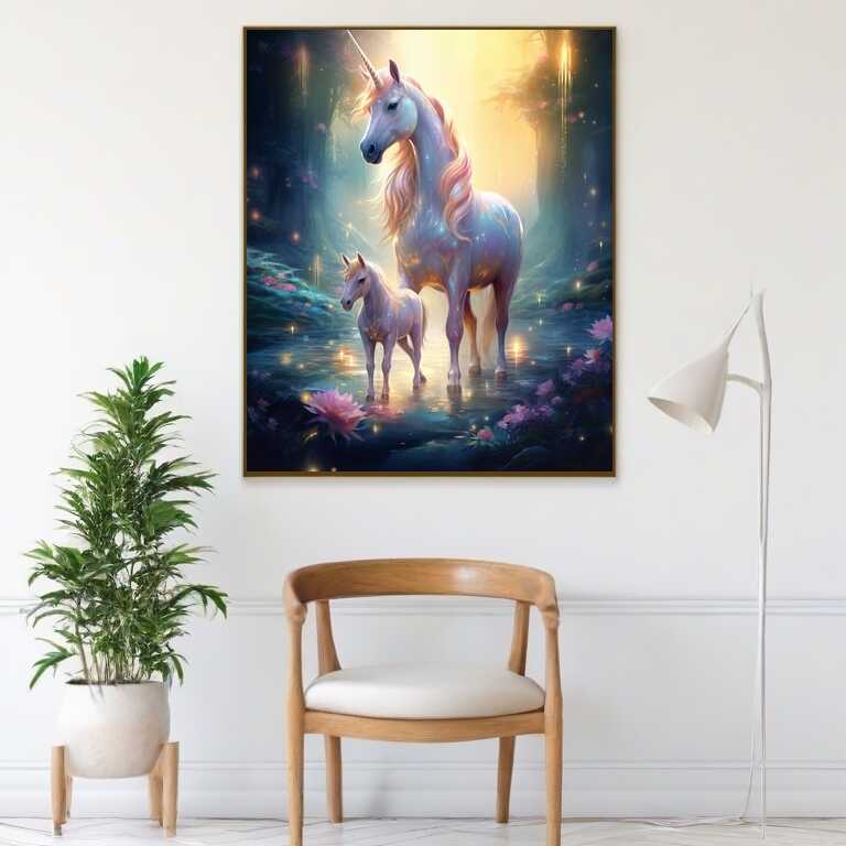 "Paint by Numbers - Magical Forest of Unicorns with glowing unicorns, pastel manes, and flowers in dazzling hues. Fantasy art wall decor."