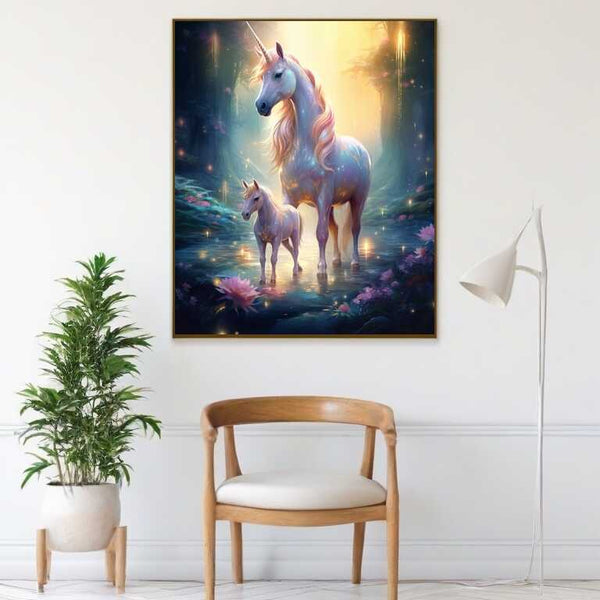 "Paint by Numbers - Magical Forest of Unicorns with glowing unicorns, pastel manes, and flowers in dazzling hues. Fantasy art wall decor."