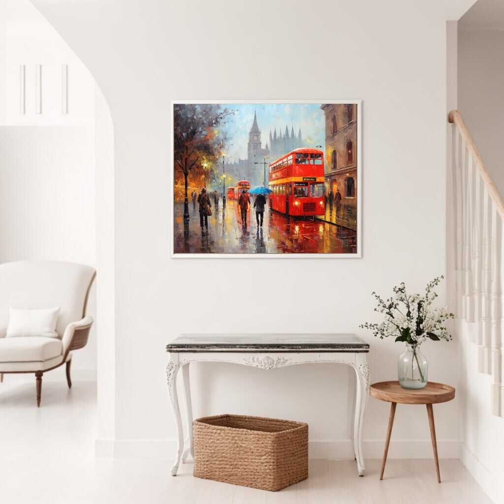 Paint by Numbers - Raindrops in London artwork hanging on a white wall in a cozy living room.