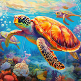 Paint by Numbers - Marine luminescence: Under the spell of the deep sea, vibrant sea turtles glide through colorful coral and marine flora.