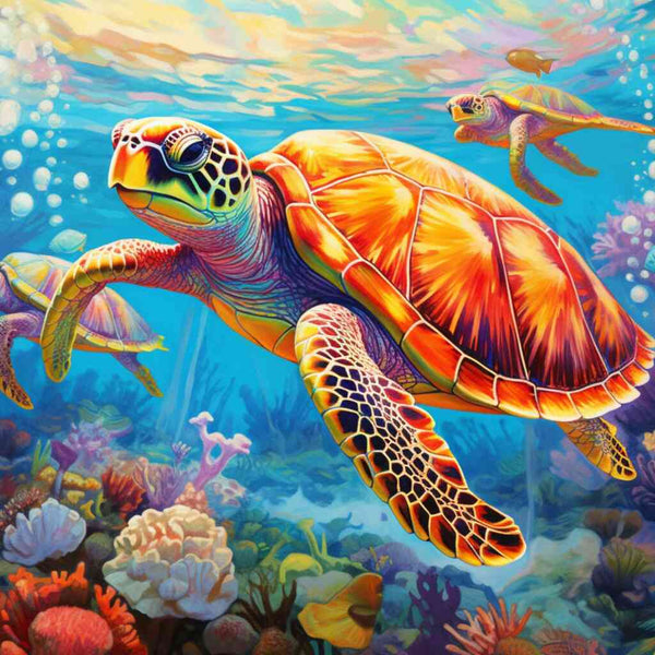 Paint by Numbers - Marine luminescence: Under the spell of the deep sea, vibrant sea turtles glide through colorful coral and marine flora.