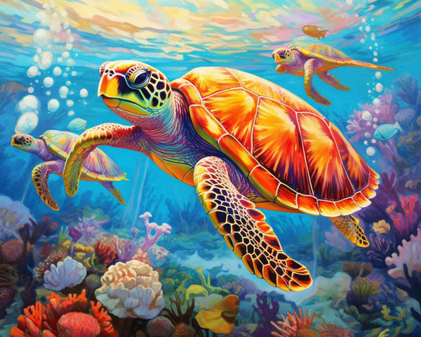 Paint by Numbers - Marine luminescence: Under the spell of the deep sea, vibrant sea turtles glide through colorful coral and marine flora.