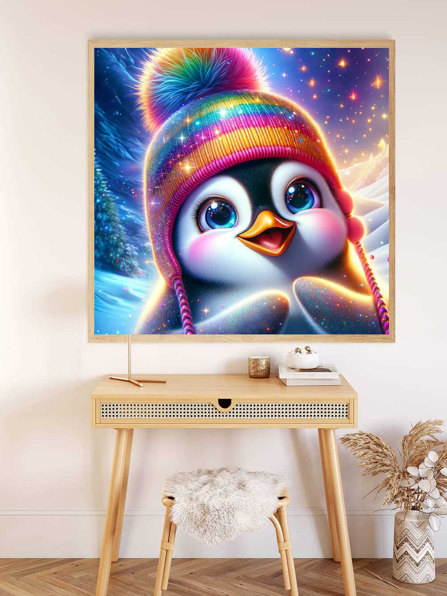 Paint by Numbers - Snowflake, featuring a fantasy artwork "Starry Night Whispers". Penguin in a rainbow hat with galaxy eyes under a starry sky.