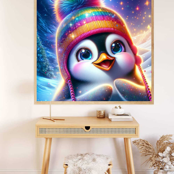 Paint by Numbers - Snowflake, featuring a fantasy artwork "Starry Night Whispers". Penguin in a rainbow hat with galaxy eyes under a starry sky.