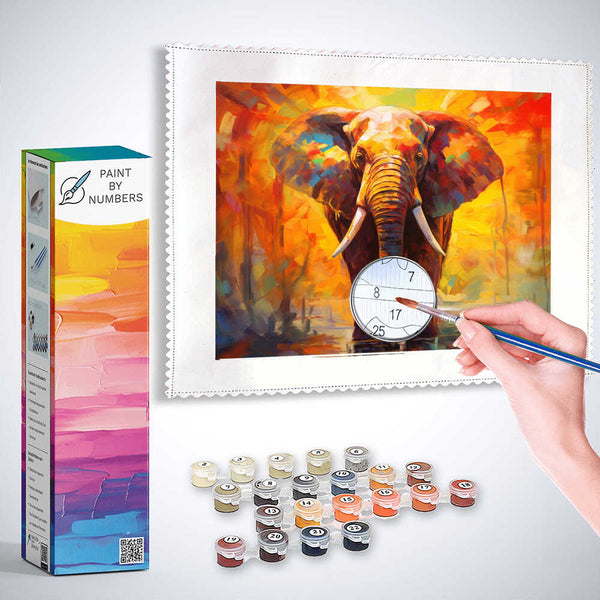 Paint by Numbers kit featuring an impressionist elephant artwork in vibrant oranges and reds, with paints and brush in the foreground