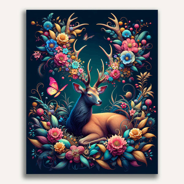 Deer with flower antlers, butterfly - Paint by Numbers