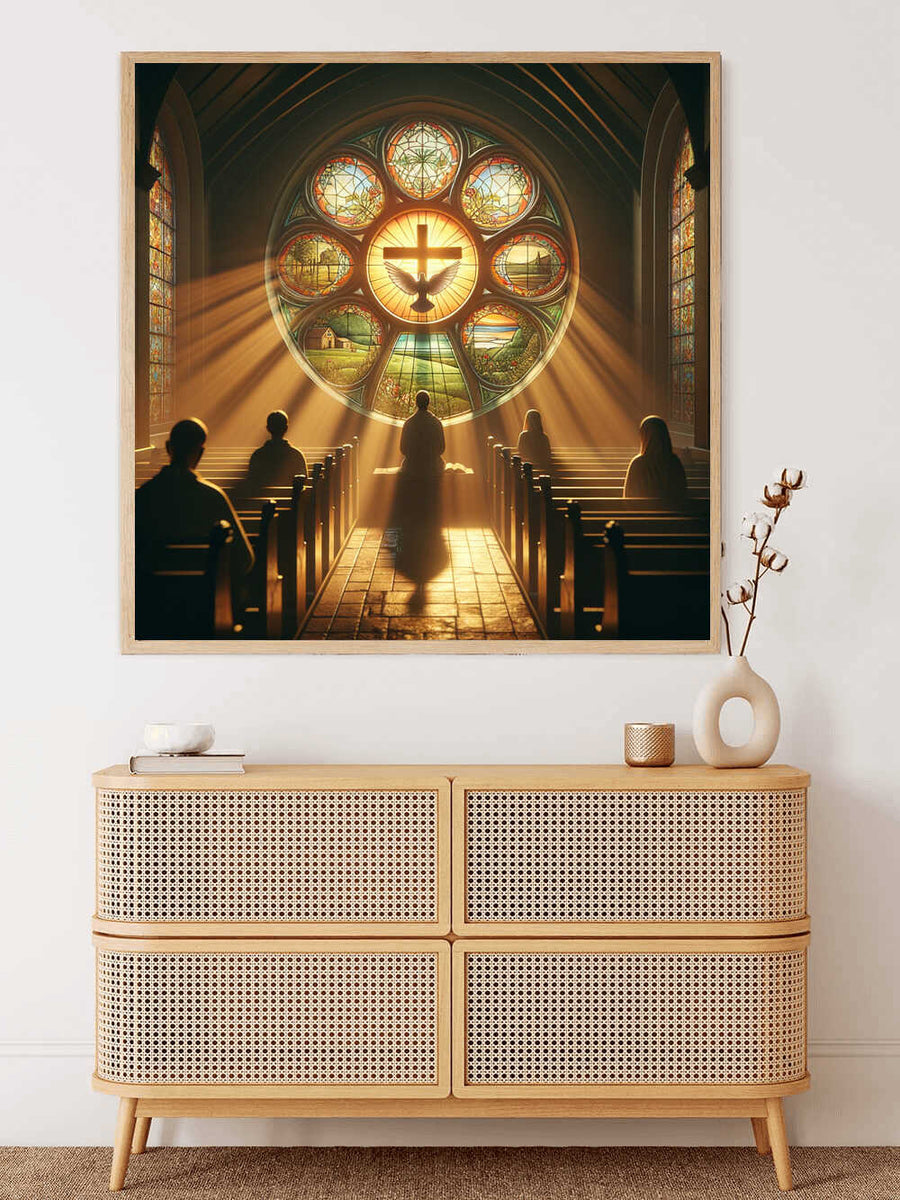 Paint by Numbers - Light of Faith depicting believers in a sunlit church with stained glass windows and central cross symbol.