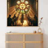Paint by Numbers - Light of Faith depicting believers in a sunlit church with stained glass windows and central cross symbol.